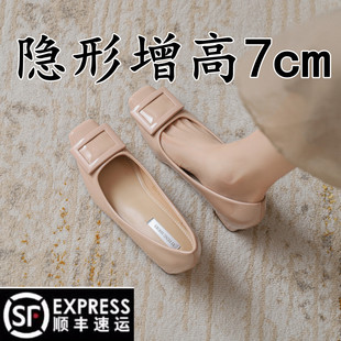 优雅气质浅口单鞋 小个子内增高7cm小码 方扣漆皮粗高跟鞋 经典 女s鞋