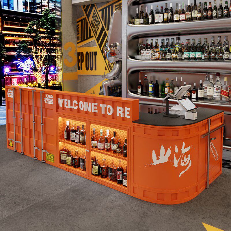 酒吧吧台柜台桌带灯商用工业风铁艺转角收银台定V制店铺接待前台