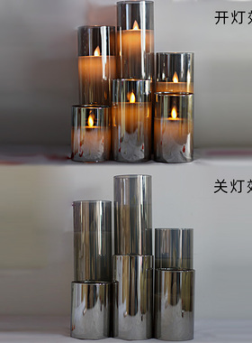 玻璃杯罩一体式LED充电款电子蜡烛灯烟灰色灯芯摇摆浪漫氛围