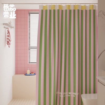 韩系简约条纹浴帘防水防霉卫生间隔断挂帘多巴胺淋浴间免打孔门帘