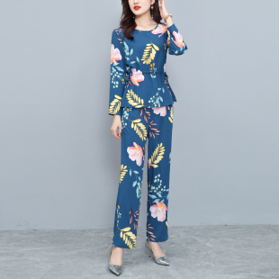 妈妈长袖棉绸套装外穿女士夏季新款碎花时L尚洋气高端人造棉两件