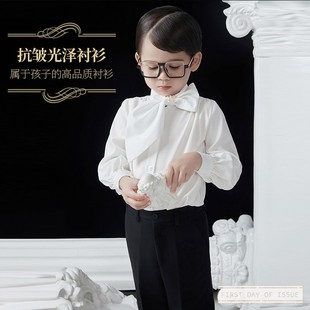 儿童摄影拍照衬衫白色飘带男童走秀内穿衬衣黑色纯色表演打底衫萌