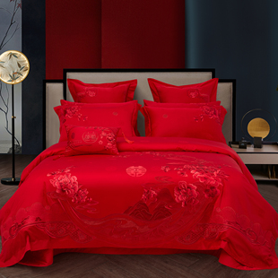 婚庆四件套纯棉全k棉大红色刺绣被套婚房喜被子新结婚床上六十件
