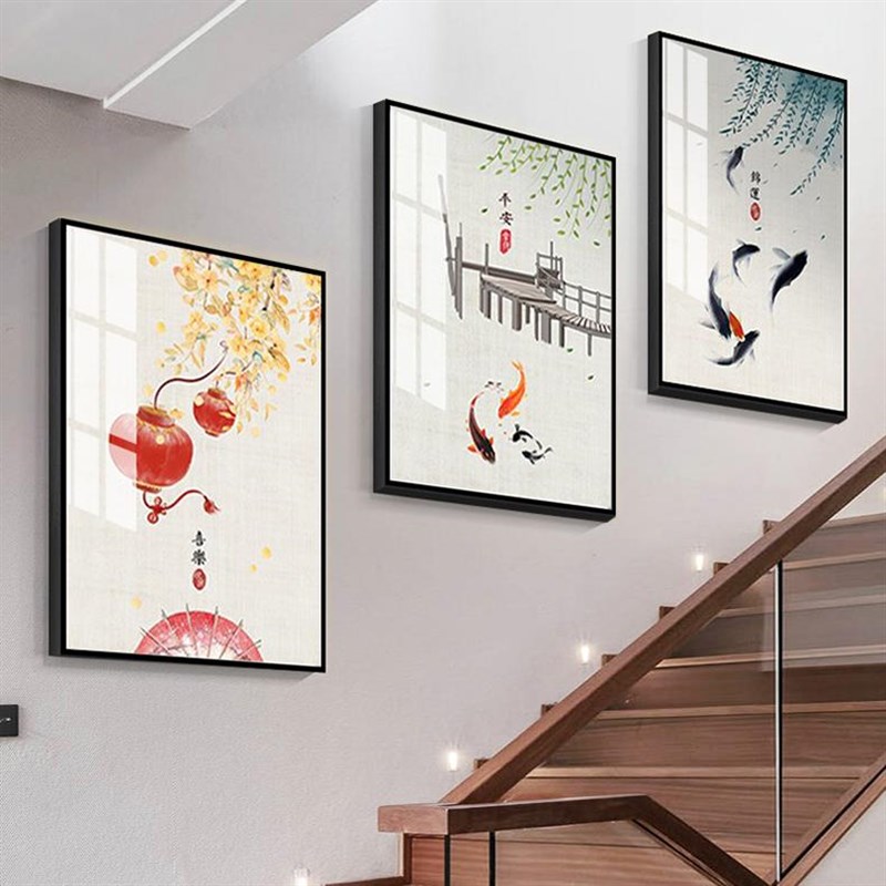 楼梯装饰画新中式走廊过道背景墙壁画中国风茶室暖居客厅墙面挂画图片