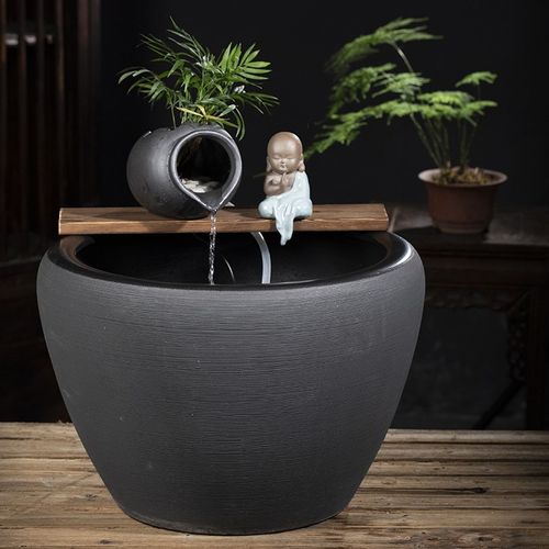 大型陶瓷流水喷泉鱼缸陶罐水循环造景古法鱼缸客厅阳台落地大水缸