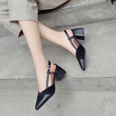 女鞋 42尖头粗跟高跟凉鞋 子43包头44皮面拼接Z女式 41一46特大码 鞋