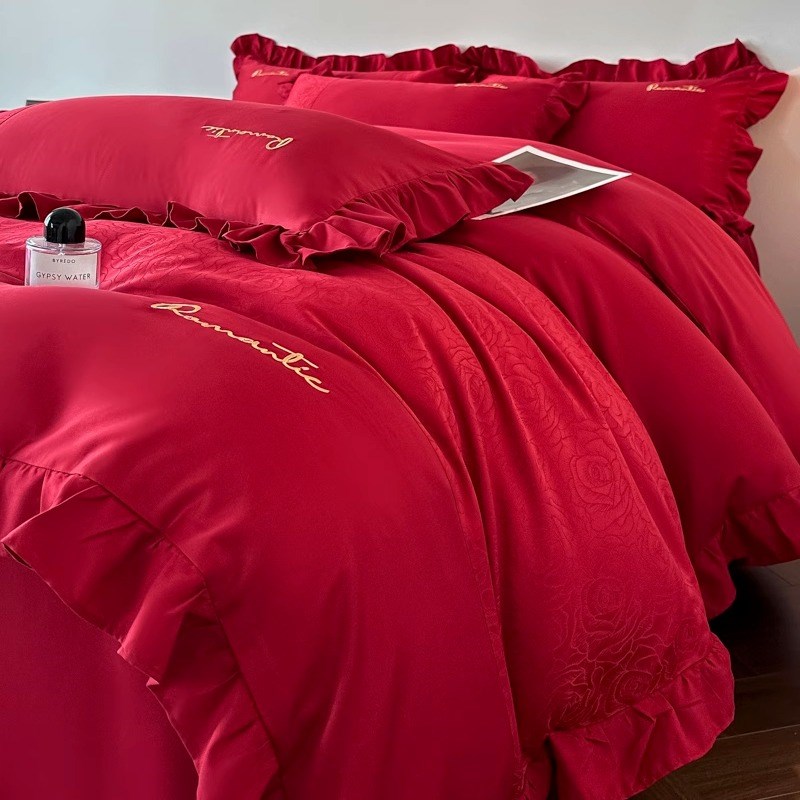 结婚四件套大红色床单玫瑰提花被套婚庆纯棉喜被送礼床上用品婚嫁