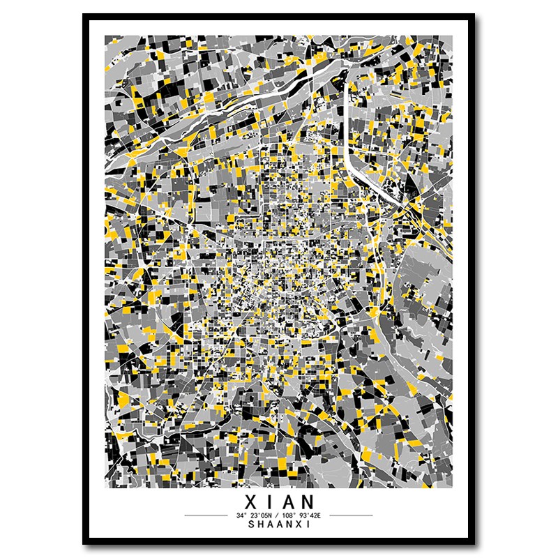 陕西西安现代色块艺术城市地图装饰画客厅沙发背景墙挂画餐厅壁画图片