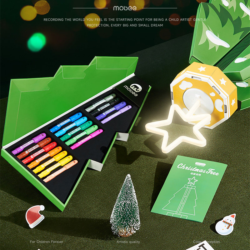 mobee耶诞树绘画礼盒文具套装水彩笔可水洗儿童画笔套装蜡笔幼儿