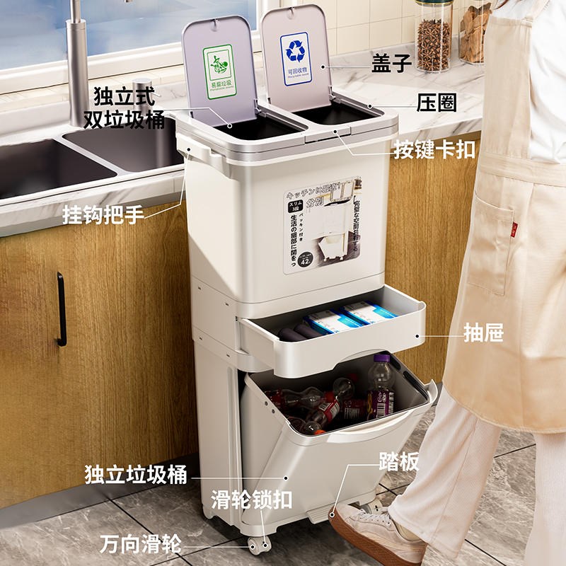 厨脚踏防臭一体厨房垃圾桶分类家用带盖日新款大号双层余干湿分离