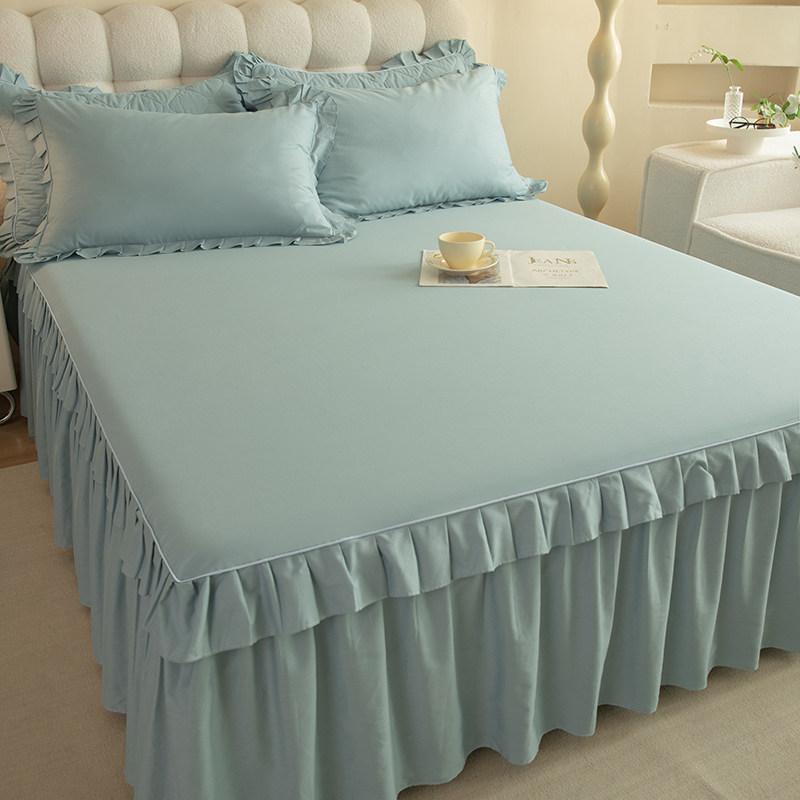 A类韩版纯棉床裙单件100全棉花边款单人双人床裙罩纯色床罩三件套