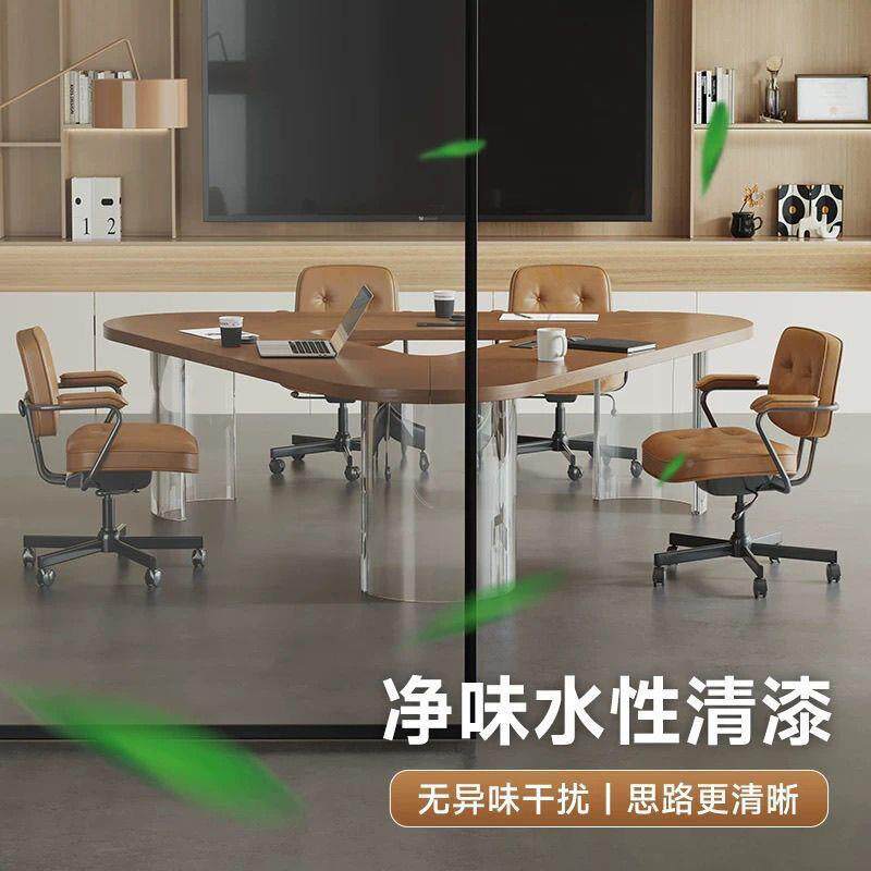 实见详情木简约现休代大实木办桌椭圆公形会议桌洽谈闲板大型桌椅