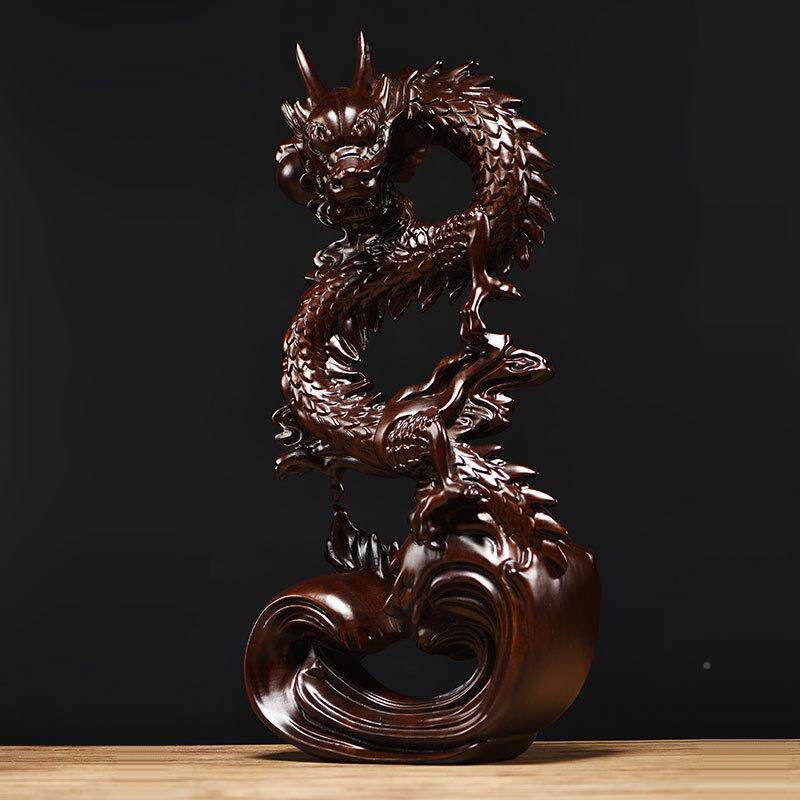 实开WS-86360木雕刻盘龙摆件新中式家居公玄关摆设饰工艺品店铺司