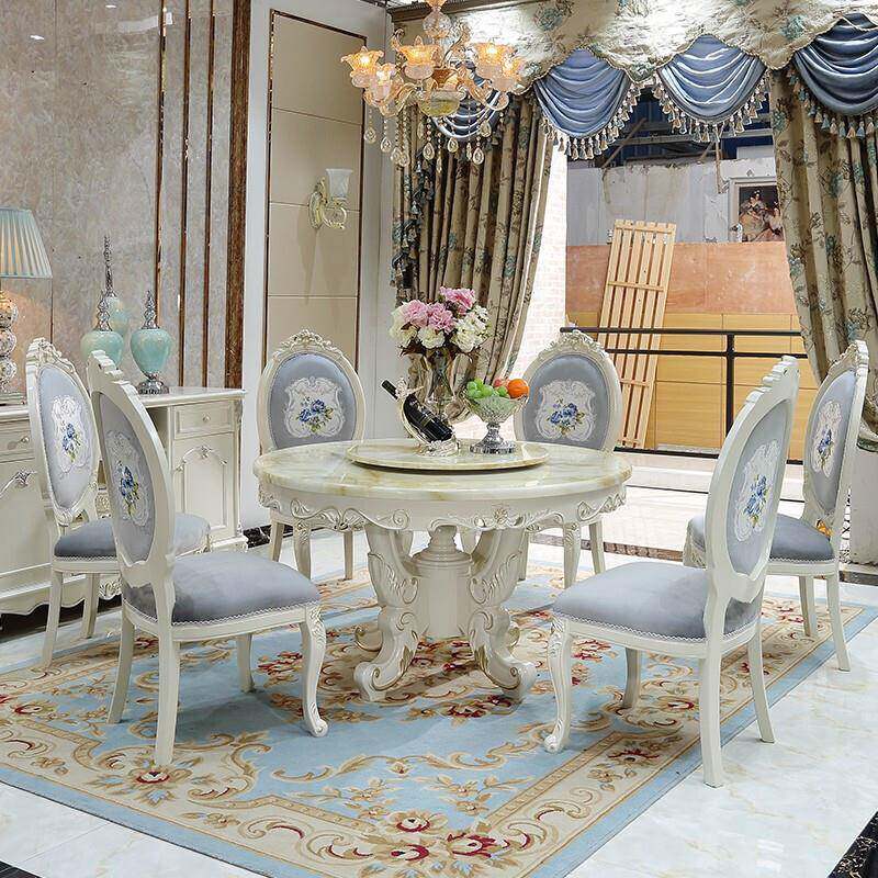 涵欧桌式实木餐桌椅组合简欧大理优石圆家用雕花茶168几饭桌子转