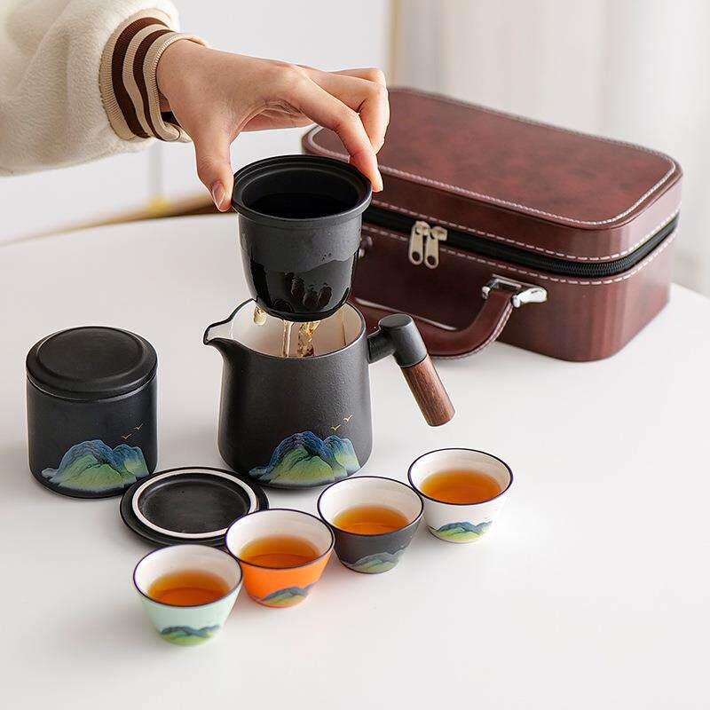 陶瓷旅茶具套装户外纳行功棕色小皮夫泡茶壶露营外出便携式旅携游