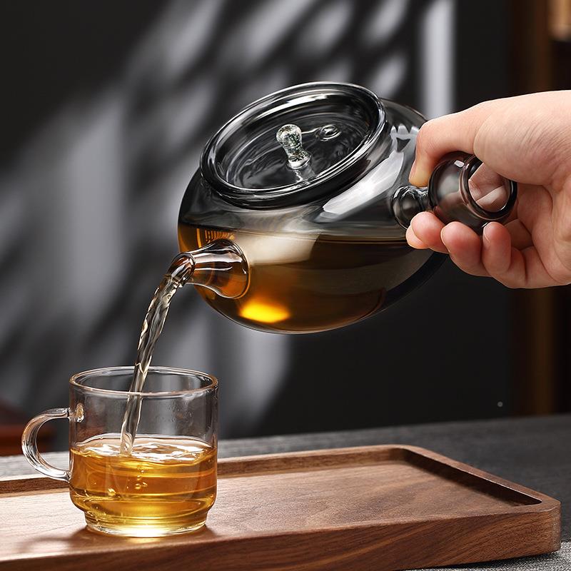 围炉煮茶茶壶高颜值新款透黑玻璃茶泡茶壶6554侧木花带盖把烧水煮