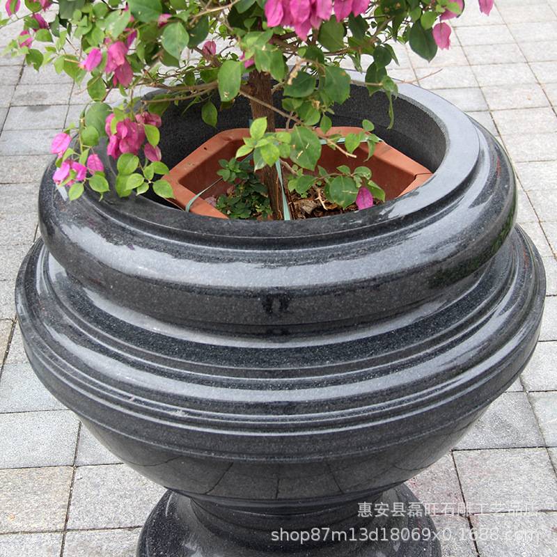 厂家直销花岗岩石雕花盆欧式简约黑色 广场庭院公园精美石头花钵