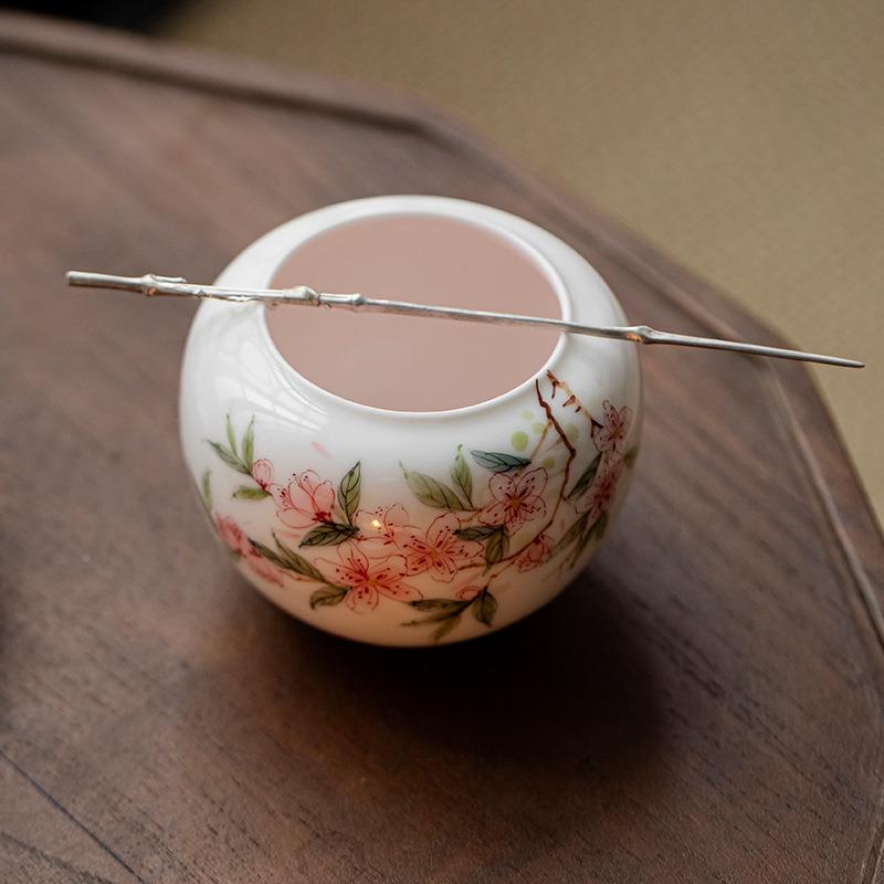 纯手绘玉泥—粉桃花陶瓷水家件用茶洗渣缸废水盂茶笔洗茶道配小清