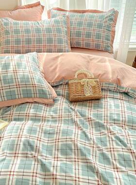 A类水洗棉件床EX202402上件四套格子被套舍床单宿三套床笠纯棉全