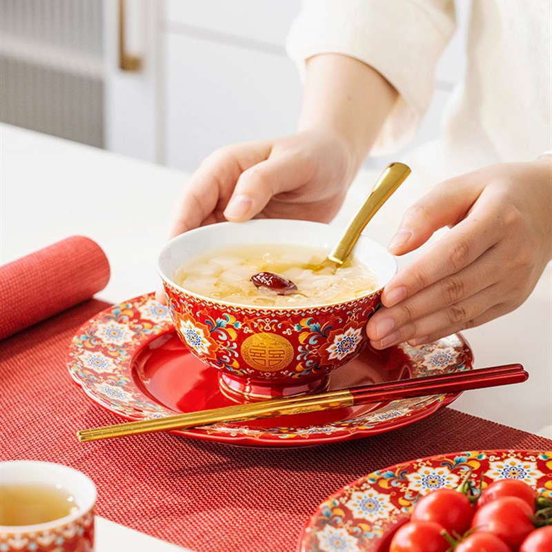 新婚喜碗高档碗碟餐具送新人闺蜜结婚礼物中式实用红色碗盘筷套装