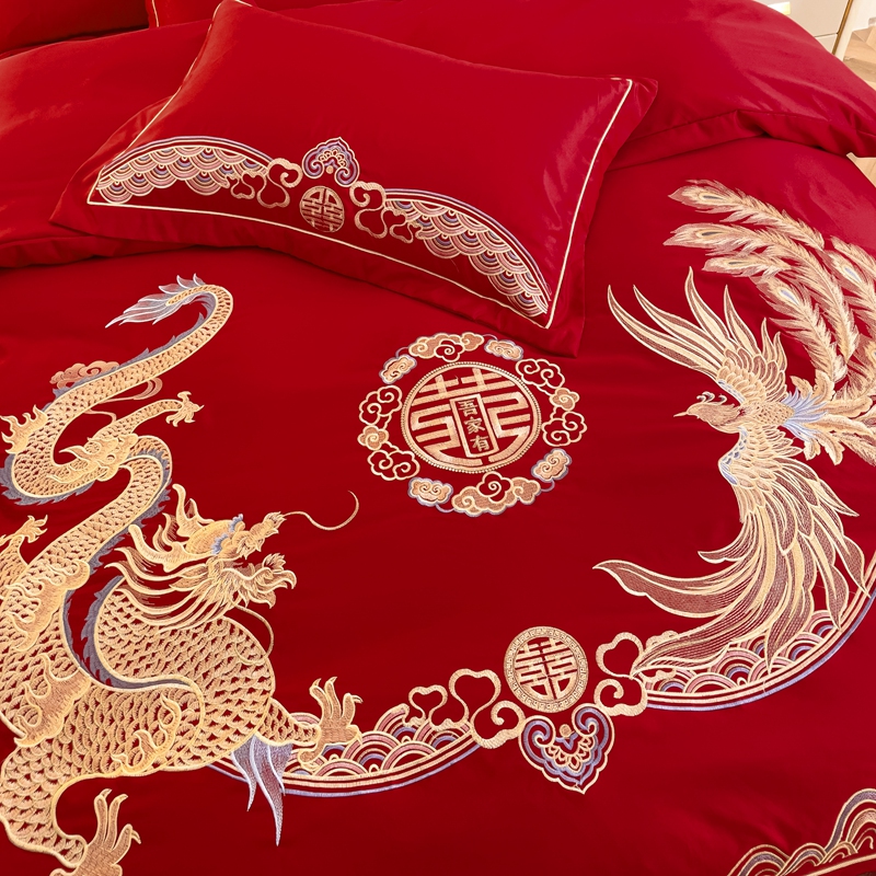 高档中式龙凤刺绣结婚四件套大红色床单被套非纯棉喜被婚庆床上用