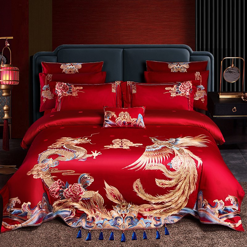 长绒棉140支婚庆四件套高档纯棉大红龙凤婚房床上用品全棉十件套