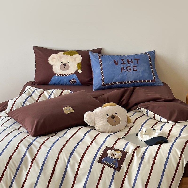 韩国ins安可拉熊100S全棉软磨毛长绒棉四件套儿童趣纯棉床品套件