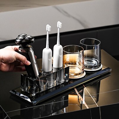 高级感水晶现代岩板台面洗漱套装牙刷牙杯置物架卫生间收纳架托盘