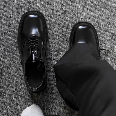 德比鞋男款英伦休闲7cm厚底增高鞋漆皮亮面黑色商务通勤方头皮鞋