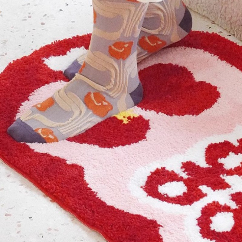 结婚可爱囍字植绒地毯喜庆红色簇绒长毛客厅脚垫可机洗折叠地毯垫