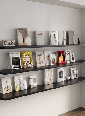 黑色百搭实木一字隔板置物架简约现代客厅电视背景墙收纳壁挂书架