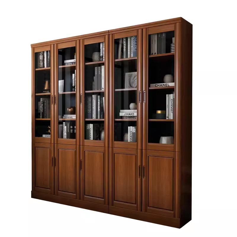 全实木书柜储物柜一体靠墙落地书架带玻璃柜门客厅家用置物柜中式