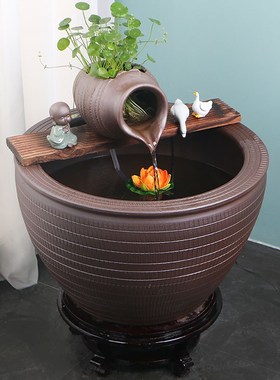 陶瓷鱼缸石槽古法养鱼水循环装饰陶罐流水造景摆件水池花园喷泉