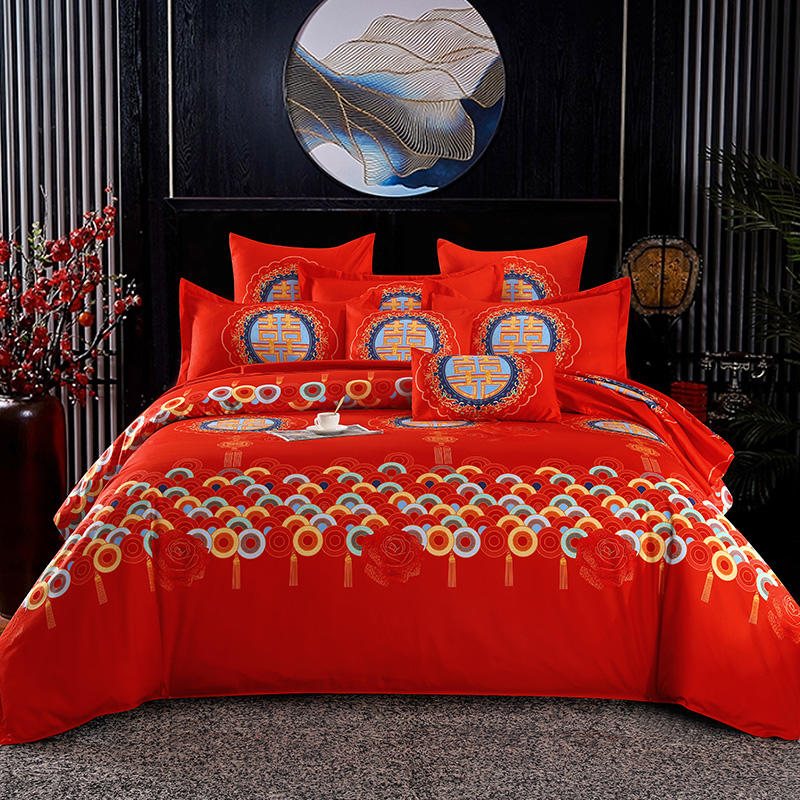 新品大红色结婚喜庆中式四件套古典风加厚活性磨毛单双人被套床单