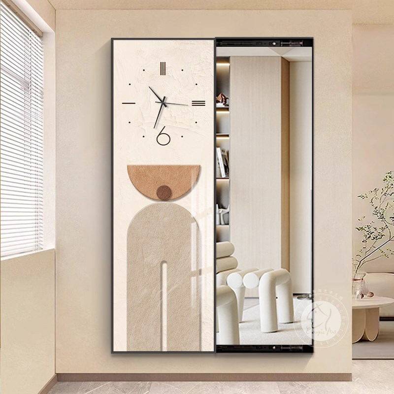 简约现代隐藏式全身镜装饰画翻开穿衣镜推拉可关闭玄关钟表壁画