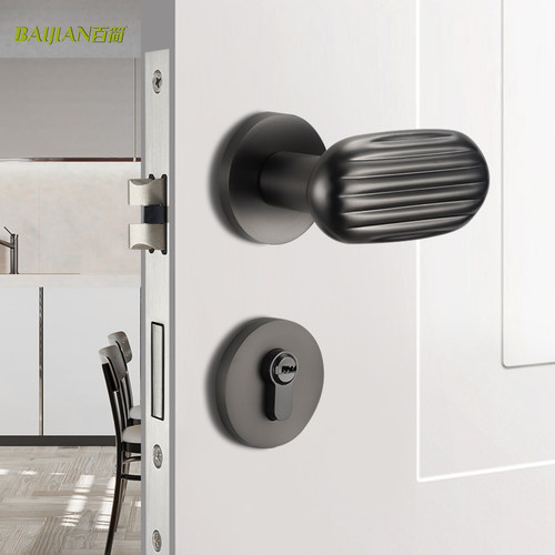 儿童门锁室内实木门锁卧室简约幼儿园房门锁磁吸静音黑灰色门把手