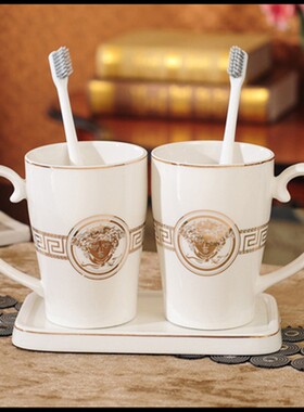 欧式陶瓷学生牙刷杯白色骨瓷刷牙杯带把浴室情侣洗漱套装个人套装