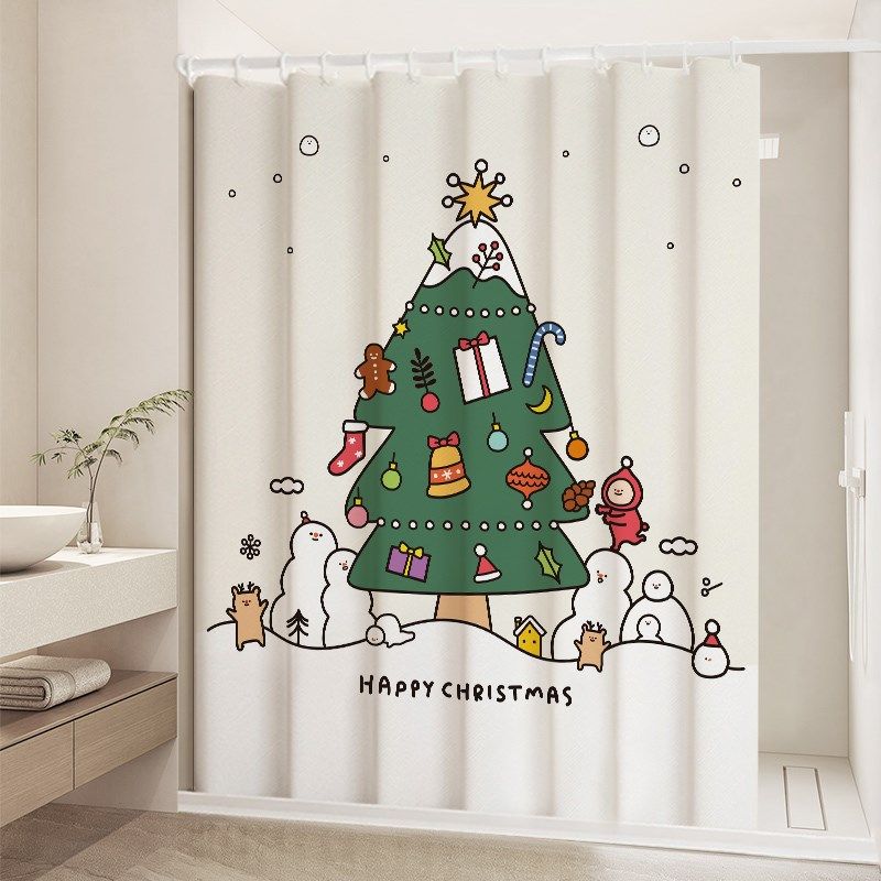 圣诞浴帘防水布防霉加厚高档卫生间淋浴帘洗澡隔断帘浴室挂帘门帘