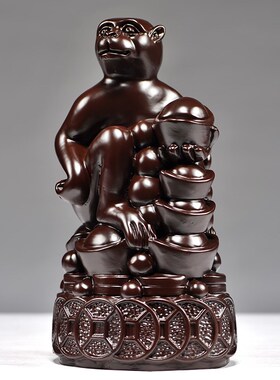 黑檀木雕刻猴子摆件生肖猴实木质灵猴献桃办公装饰送礼红木工艺品