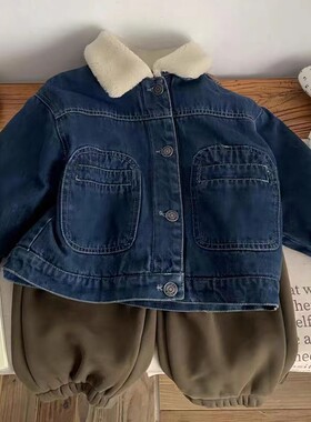 宝宝棉服冬季套装男宝牛仔加绒男童保暖衣一N岁加厚棉袄蓝色棉袄