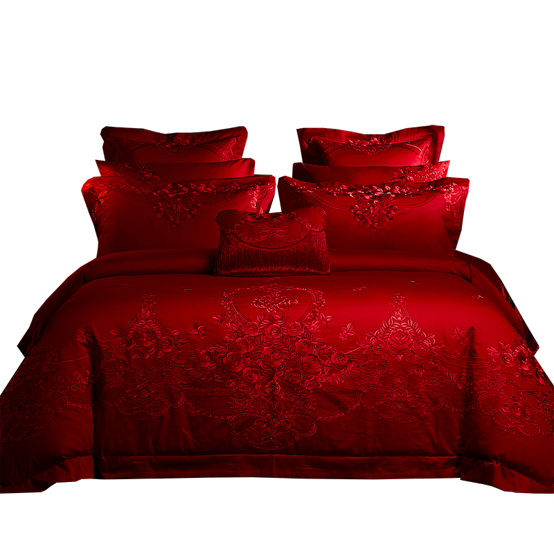 四件套婚庆大红色纯棉全棉结婚用1.8m床新婚刺绣被套婚房床上用品