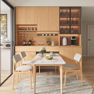 定制全实木餐边柜酒柜靠墙一体餐桌F嵌入式胡桃木玻璃碗柜橱柜子