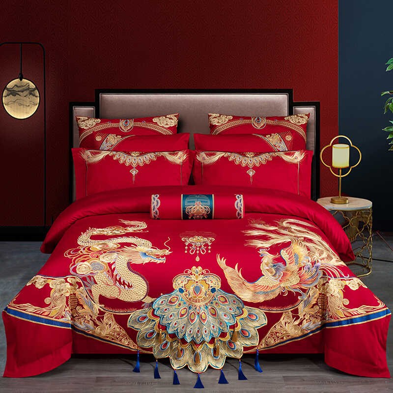 180支长绒棉重绣婚庆四件套大红龙凤精品结婚新婚房喜被床上用品4