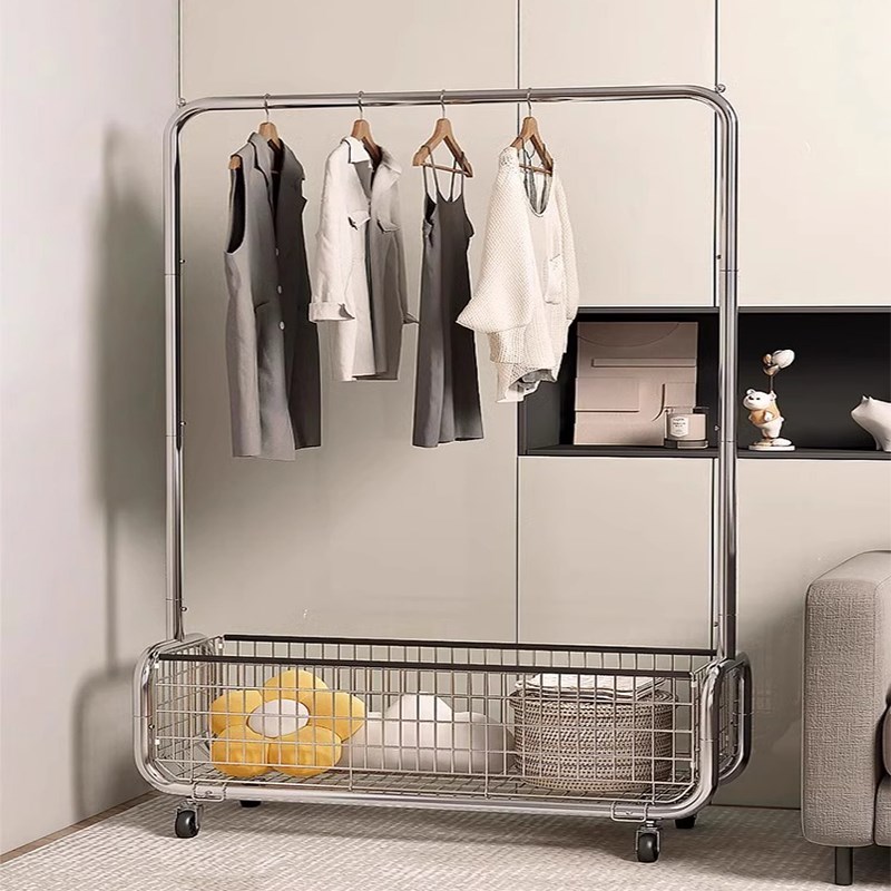 简约金属挂衣架子落地家用房间卧室加厚带轮可移动收纳室内衣帽架