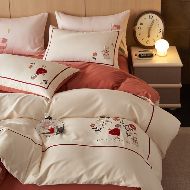50支双股秋冬加厚磨毛保暖绣花1.8m床上三四件套女孩全棉被套床单