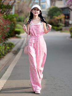 粉色甜美牛仔背带裤女士夏季新款时尚减龄L宽松显瘦大码阔腿连体