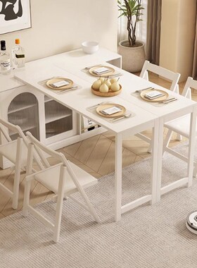 kadisi奶油风实木餐桌餐边柜一体可伸缩折叠现代简约吧台吃饭桌子