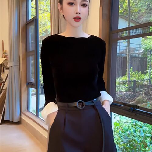 高级感花苞袖拼接丝绒pT恤女早秋新款韩系百搭遮肉绝美长袖小衫潮