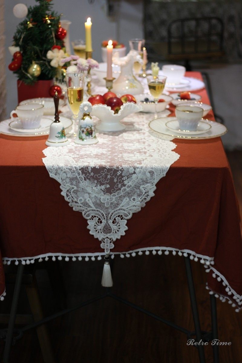 Retro美式橘红色小白球圆桌方桌餐桌布K桌巾圣诞蕾丝桌旗烛光晚餐