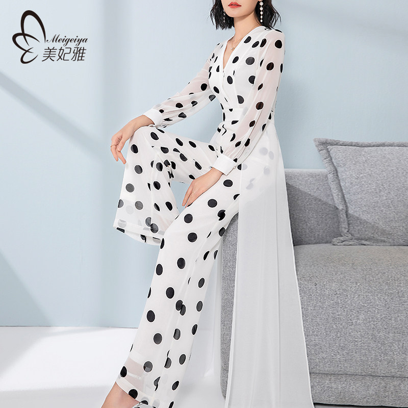 长袖波点雪纺连体裤l女夏长款2025新款连衣裤阔腿裤套装气质连身